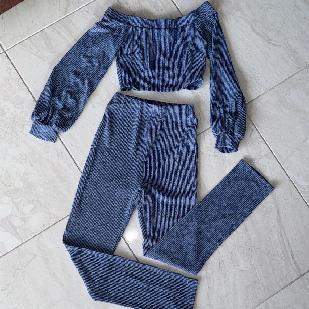 Fashion Nova Navy Ribbed Off-Shoulder Set